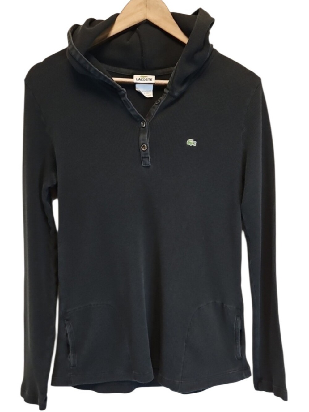 Lacoste Black Hooded Henley with Green Logo, Size 46